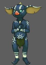  2017 big_ears blin_(tloz) blue_body bodypaint bokoblin bottomwear clothing digital_media_(artwork) fangs grey_background horn humanoid humanoid_hands jewelry loincloth looking_at_another looking_up male necklace nintendo shrineheart simple_background solo teal_eyes teal_sclera teeth the_legend_of_zelda 