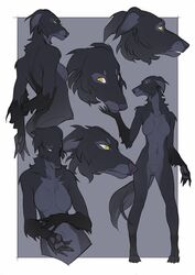  2020 4_toes 5_fingers anthro black_body black_fur black_nose breasts canid canine canis digital_media_(artwork) domestic_dog featureless_breasts featureless_crotch feet female fingers fur grey_body grey_fur mammal nude okithau solo toes yellow_eyes 