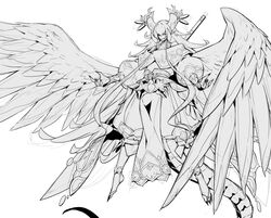  absurdres bare_shoulders barefoot claws commentary dragalia_lost dragon female fingernails greyscale highres horns japanese_clothes long_hair marishiten_(dragalia_lost) monochrome parted_lips photoshop_(medium) pointy_ears sharp_fingernails sharp_toenails simple_background smile solo sword tail toeless_legwear toenails very_long_hair weapon weapon_on_back white_background wings xiao_(creation0528) 