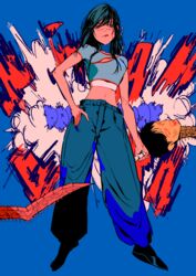  absurdres baggy_pants black_hair blue_eyes blue_shirt chainsaw_man cleavage_cutout clothing_cutout commentary_request crop_top cross_scar explosion female highres holding holding_sword holding_weapon long_hair looking_at_viewer matumot pants partial_commentary red_background scar scar_on_cheek scar_on_face severed_head shirt simple_background solo sword tanaka_(chainsaw_man) weapon yoru_(chainsaw_man) 