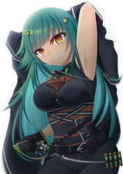  arm_up armpits belt belt_buckle black_belt black_skirt breasts brown_eyes buckle clenched_teeth commentary_request female green_hair hair_ornament hairclip holding holding_sword holding_weapon kitakoji_hisui kitakoji_hisui_(2nd_costume) looking_at_viewer medium_breasts nijisanji noname_(reticulian) simple_background skirt sleeveless solo sword sword_behind_back teeth vial virtual_youtuber weapon white_background 