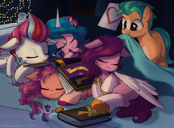  2021 amitadust applejack_(mlp) bedding blanket blue_hair book bracelet closed_eyes coat_markings collaboration comically_large_object cuddling daww digital_drawing_(artwork) digital_media_(artwork) earth_pony equid equine facial_markings female fetlocks figurine fluttershy_(mlp) friendship_is_magic fur green_hair green_tail grey_hooves group hair hasbro head_markings heart_symbol hitch_trailblazer_(mlp) hooves horn horse inanimate_object izzy_moonbow_(mlp) jewelry liaaqila male mammal mane_six_(mlp) markings mlp_g5 mouth_hold multicolored_body multicolored_fur my_little_pony mythological_creature mythological_equine mythology orange_body orange_fur outline_heart pegasus pink_body pink_fur pink_hair pinkie_pie_(mlp) pipp_petals_(mlp) pony purple_hair purple_hooves purple_tail rainbow_dash_(mlp) rarity_(mlp) sleeping sleeping_together sunny_starscout_(mlp) tail toy twilight_sparkle_(mlp) two_tone_body two_tone_fur underhoof unicorn white_body white_fur wings yellow_body yellow_eyes yellow_fur yellow_hooves zipp_storm_(mlp) 