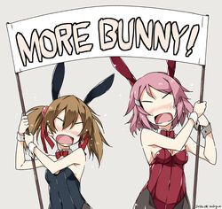  2020 2girls animal_ears banner bare_shoulders black_leotard blush bow bowtie breasts brown_hair commentary dated detached_collar english_text facing_viewer fake_animal_ears freckles grey_background hair_between_eyes hair_ornament hair_ribbon hairclip highres leotard lisbeth_(sao) medium_breasts medium_hair more_deban multiple_girls no_eyes pantyhose pink_hair playboy_bunny rabbit_ears rectangular_mouth red_bow red_bowtie red_leotard red_ribbon ribbon shikei signature silica simple_background small_breasts sword_art_online twintails v-shaped_eyebrows wrist_cuffs 