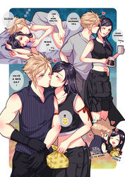  1boy apron arm_ribbon babigonice bare_shoulders bed_sheet black_apron black_gloves black_hair black_shorts black_vest blonde_hair blue_eyes blush blush_stickers breasts closed_eyes closed_mouth cloud_strife coffee_mug commentary couple cowboy_shot crop_top cropped_torso cuddling cup earrings english_commentary english_text female final_fantasy final_fantasy_vii final_fantasy_vii_advent_children flying_sweatdrops gloves grey_shirt hand_on_another&#039;s_hip heart high_collar high_ponytail highres holding holding_cup holding_phone jewelry kissing kissing_cheek large_breasts long_hair looking_at_phone lunchbox lying midriff morning mug multiple_views navel on_side one_eye_closed open_mouth phone pillow ponytail red_eyes red_ribbon ribbed_shirt ribbon shirt short_sleeves shorts single_earring sleeping sleeveless sleeveless_shirt speech_bubble spiked_hair straight swept_bangs tank_top teardrop_earrings tifa_lockhart vest waist_apron white_tank_top zipper zzz 