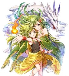  2020 2girls amazio_komeko armpits black_leotard boots bracer breasts cleavage dated detached_sleeves dragon dual_persona feathers final_fantasy final_fantasy_iv fire green_eyes green_footwear green_hair green_legwear green_leotard green_sleeves hair_ornament hand_on_another&#039;s_shoulder high_heels leotard long_hair magic mist_dragon multiple_girls outstretched_arm rydia_(ff4) sarong thigh_boots thighhighs time_paradox yellow_sarong 