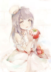  absurdres bare_shoulders brown_eyes collared_dress commentary_request dress female food frilled_dress frills grey_hair hanagin hands_up hat highres holding holding_food long_hair looking_at_viewer open_mouth original sidelocks sleeveless sleeveless_dress solo tilted_headwear tomato white_dress white_hat 