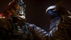  2boys absurdres armor artorias_the_abysswalker commentary dark_background dark_souls_(series) dark_souls_i dragon_slayer_ornstein english_commentary espen_olsen_saetervik from_side full_armor gauntlets helm helmet highres male_focus multiple_boys plume pointing pointing_at_another portrait shoulder_armor 