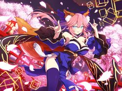  animal_ears architecture armpits bare_shoulders blue_eyes breasts bridge cherry_blossoms cleavage cloud cosplay crossover cube detached_sleeves east_asian_architecture fate/extra fate/grand_order fate_(series) female flower fox_ears fox_girl fox_tail highres japanese_clothes large_breasts looking_at_viewer obi official_art petals pink_hair sash senran_kagura senran_kagura_new_link sky smile solo tail tamamo_(fate) tamamo_no_mae_(fate/extra) tamamo_no_mae_(fate/extra)_(cosplay) thighhighs twintails yaegashi_nan yumi_(senran_kagura) 