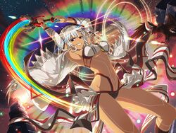  altera_(fate) altera_(fate)_(cosplay) armpits bird block_(object) body_markings breasts cosplay crossover crow dark-skinned_female dark_skin detached_sleeves energy_sword evil_grin evil_smile fate/grand_order fate_(series) female grin highres large_breasts lens_flare looking_at_viewer nail_polish night night_sky official_art rainbow revealing_clothes senran_kagura senran_kagura_new_link sky smile solo star_(sky) starry_sky sword veil weapon white_hair yaegashi_nan yuyaki_(senran_kagura) 