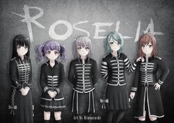  artist_name band bang_dream! black_dress black_hair black_skirt brown_hair commentary_request dress green_hair grey_background grey_hair highres hikawa_sayo imai_lisa long_hair minato_yukina multiple_girls music my_chemical_romance parody purple_hair rinoarashi rock_band roselia_(bang_dream!) shirokane_rinko skirt twintails udagawa_ako 