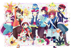  6+boys :d :o ^_^ arm_up bag baseball_cap beanie belt bento berry_(pokemon) black_hair blue_eyes blue_jacket blue_pants blush boots brendan_(pokemon) brown_eyes brown_footwear brown_hair brown_pants calem_(pokemon) chopsticks closed_eyes cocoloco commentary_request ethan_(pokemon) eyewear_on_headwear green_eyes happy hat hilbert_(pokemon) holding holding_chopsticks holding_paper hug jacket jirachi lucas_(pokemon) lunatone multiple_boys nate_(pokemon) on_head one_eye_closed open_mouth pants paper piplup poke_ball poke_ball_(basic) pokemon pokemon_(creature) pokemon_bw pokemon_bw2 pokemon_dppt pokemon_frlg pokemon_hgss pokemon_on_head pokemon_oras pokemon_platinum pokemon_xy red_(pokemon) red_headwear scarf shaymin shaymin_(land) shorts shoulder_bag smile solrock sunglasses torchic white_headwear white_scarf zygarde zygarde_(50) 