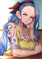  ^_^ aosora2823 arm_rest arm_tattoo bandages bare_arms bare_shoulders blue_hair breasts chest_tattoo cleavage closed_eyes closed_mouth elbow_rest eyelashes facing_viewer female hairband hand_on_own_cheek hand_on_own_face hand_up highres indoors leaning_to_the_side light_blush long_hair nojiko one_piece overalls shoulder_tattoo smile solo tan tattoo upper_body very_long_hair 