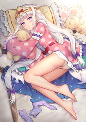  :o animal_ear_legwear ass aurora_sya_lis_kaymin bare_legs barefoot bed bow chaun commentary_request dress feet female frilled_dress frilled_pillow frills full_body hairbow highres kneehighs legs long_hair looking_at_viewer lying maou-jou_de_oyasumi on_side panties parted_lips pillow pink_dress polka_dot polka_dot_dress purple_bow purple_eyes purple_legwear red_bow ribbon_trim scissors socks soles stuffed_animal stuffed_toy teddy_bear teddy_demon tiara two-sided_dress two-sided_fabric underwear unworn_kneehighs very_long_hair white_hair white_panties 