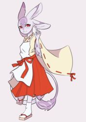  4_ears akanbe_(artist) anthro apron asian_clothing avali breasts clothed clothing east_asian_clothing feathered_tail feathers feet female footwear geta hi_res japanese_clothing looking_at_viewer multi_ear naaka non-mammal_breasts red_eyes shrine_maiden smile socks solo tail wings 