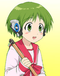  :d android blush commentary_request female green_eyes green_hair humagear_headphones kamen_rider kamen_rider_01_(series) long_sleeves look-alike looking_at_viewer multi_(to_heart) open_mouth parody retro_artstyle robot_ears school_uniform serafuku shirt short_hair smile solo to_heart to_heart_(series) ueyama_michirou 