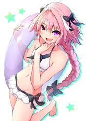  1boy astolfo_(fate) barefoot bikini black_bow blush bow braid commentary fate/apocrypha fate_(series) hair_intakes hairbow highres long_hair looking_at_viewer male_focus multicolored_hair navel oerba_yun_fang official_alternate_costume open_mouth otoko_no_ko pink_hair purple_eyes shishikai simple_background single_braid skin_fang smile solo standing standing_on_one_leg star_(symbol) streaked_hair swimsuit white_background white_bikini 