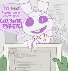  animatronic anon anthro bonnie_(fnaf) bow_tie buckteeth duo electric_fan electronics english_text eyelashes female first_person_view five_nights_at_freddy&#039;s lagomorph leporid machine mammal oscillating_fan rabbit robot rule_63 scottgames tablet tablet_computer teeth text unknown_artist weaver_bonnie 