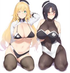  2girls ;) atago_(azur_lane) atago_(azur_lane)_(cosplay) atago_(kancolle) atago_(stunning_speedster)_(azur_lane) azur_lane bare_shoulders bikini black_hair black_headwear black_pantyhose black_thighhighs blonde_hair blush bodystocking breasts cleavage_cutout clothing_cutout commentary cosplay curvy elbow_gloves enosan fingerless_gloves gloves green_eyes groin hat highres historical_name_connection jacket kantai_collection large_breasts leotard logo long_hair looking_at_viewer multiple_girls name_connection navel official_alternate_costume one_eye_closed pantyhose race_queen red_eyes seiza short_hair shrug_(clothing) sidelocks simple_background sitting sleeve_cuffs sleeveless smile stomach sweatdrop swimsuit takao_(azur_lane) takao_(azur_lane)_(cosplay) takao_(full_throttle_charmer)_(azur_lane) takao_(kancolle) thighhighs white_background white_jacket 