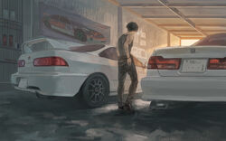  all_male black_hair car cigarette male momo_hiki original shirt short_hair smoking wristwear 