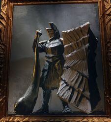  1boy absurdres armor club_(weapon) commentary dark_souls_(series) dark_souls_i dragon&#039;s_tooth_(dark_souls) english_commentary espen_olsen_saetervik full_armor full_body hand_on_hilt havel_the_rock helm helmet highres holding holding_shield knight male_focus pauldrons planted portrait_(object) shield shoulder_armor solo standing tower_shield weapon 