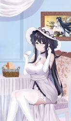  azur_lane bare_shoulders basket black_hair blue_gemstone blurry blurry_background breasts cleavage cosplay cup detached_collar drawing_(object) dress elbow_gloves female garter_straps gem gloves green_eyes hand_in_own_hair hat highres holding holding_cup huge_breasts illustrious_(azur_lane) illustrious_(azur_lane)_(cosplay) indomitable_(azur_lane) indoors long_dress long_hair looking_at_viewer one_eye_closed sitting solo strapless strapless_dress sun_hat teacup thighhighs very_long_hair weitaming_c white_dress white_garter_straps white_gloves white_hat white_theme white_thighhighs 