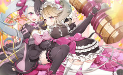  2girls all_fours arm_support asymmetrical_bangs asymmetrical_hair black_hair blush brown_hair chloe_(epic_seven) crossover dress dual_persona earrings epic_seven from_behind high_heels jewelry leg_up looking_at_viewer looking_back maid maid_headdress mallet multicolored_hair multiple_girls open_mouth pillow pink_eyes pink_footwear puffy_sleeves red_eyes sitting smile tansan_daisuki thighhighs toy_hammer twintails two-tone_hair white_hair white_legwear wide_sleeves zettai_ryouiki 