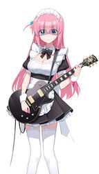  absurdres apron bad_id bad_twitter_id black_dress blue_eyes blush bocchi_the_rock! bow channel_(_caststation) closed_mouth cowboy_shot cube_hair_ornament detached_collar dress electric_guitar english_commentary female frills gibson_les_paul gotoh_hitori guitar hair_between_eyes hair_ornament highres holding holding_instrument instrument long_hair looking_at_viewer maid maid_apron maid_headdress official_alternate_costume one_side_up pink_hair puffy_short_sleeves puffy_sleeves short_dress short_sleeves simple_background solo standing thighhighs white_background white_thighhighs zettai_ryouiki 