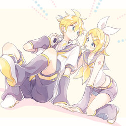  1boy adjusting_headphones all_fours arm_warmers bare_shoulders black_sailor_collar black_shorts blonde_hair bow cheek_poking commentary crop_top dutch_angle female full_body grey_sailor_collar grey_shorts grey_sleeves hair_ornament hairbow hairclip headphones headphones_around_neck index_finger_raised kagamine_len kagamine_rin leg_warmers light_blush looking_at_viewer nail_polish neckerchief necktie open_mouth poking sailor_collar school_uniform shirt short_hair short_ponytail short_shorts short_sleeves shorts shoulder_tattoo sitting smile spiked_hair suzumi_(fallxalice) swept_bangs tattoo vocaloid white_bow white_shirt yellow_nails yellow_neckerchief yellow_necktie 