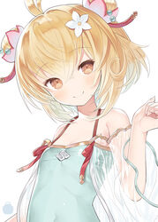  ahoge andira_(granblue_fantasy) andira_(summer)_(granblue_fantasy) animal_ears bare_shoulders blonde_hair blue_one-piece_swimsuit blush breasts brown_eyes capriccio casual_one-piece_swimsuit closed_mouth collarbone commentary double_bun erune female flower granblue_fantasy hair_between_eyes hair_bun hair_flower hair_ornament hand_up head_tilt long_sleeves looking_at_viewer monkey_ears official_alternate_costume one-piece_swimsuit see-through simple_background small_breasts smile solo swimsuit upper_body white_background white_flower wide_sleeves 