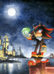  2022 anthro black_body black_fur chaos_emerald city city_background clothing detailed_background eulipotyphlan finikart food footwear frown fruit fur gem gloves handwear hedgehog hi_res male mammal moon night outside plant radical_highway red_eyes sega shadow_the_hedgehog shoes signature solo sonic_adventure sonic_the_hedgehog_(series) traditional_media_(artwork) water white_clothing white_gloves white_handwear 