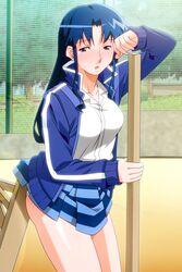  blue_eyes blue_hair blue_skirt blush day easel female fujiwara_aya holding jacket long_hair long_sleeves looking_at_viewer miniskirt non-web_source official_art open_clothes open_jacket open_mouth outdoors panties pantyshot photoshop_(medium) pleated_skirt shirt skirt solo standing striped_clothes striped_skirt super_real_mahjong sweatdrop tanaka_ryou underwear white_shirt 