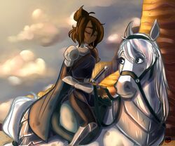  armor bridle cape centaurworld chuchusmango clothed clothing cloud duo female feral hi_res horse_(centaurworld) human looking_away mammal melee_weapon netflix reins rider_(centaurworld) riding saddle sky sleeping sword weapon 