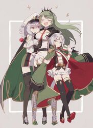  3girls azur_lane beret black_legwear blunt_bangs blush breasts brown_eyes cape closed_mouth coat commentary conte_di_cavour_(azur_lane) dress earrings full_body giulio_cesare_(azur_lane) gloves green_coat green_hair grey_hair hat headgear high_heels jacket jacket_on_shoulders jewelry large_breasts littorio_(azur_lane) long_hair makino_(727me727) multicolored_hair multiple_girls pantyhose peaked_cap red_eyes red_hair shaded_face short_hair sidelocks smile sparkle streaked_hair thighhighs twintails yellow_eyes 