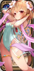  absurdres ahoge andira_(granblue_fantasy) andira_(summer)_(granblue_fantasy) animal_ears arms_behind_head bare_shoulders blue_one-piece_swimsuit casual_one-piece_swimsuit closed_mouth collarbone commentary covered_navel double_bun erune female flower granblue_fantasy groin hair_between_eyes hair_bun hair_flower hair_ornament hands_up highres light_brown_hair monkey_ears monkey_girl monkey_tail official_alternate_costume one-piece_swimsuit pink_flower pink_ribbon rai_(sakuranbo_sugar) red_eyes ribbon see-through smile solo swimsuit tail white_flower 