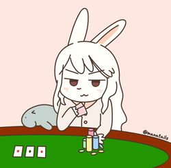  anthro blush card_game female fur furniture gaming hi_res lagomorph leporid mammal manatails manatee manateebun_(manatails) marine poker poker_chip poker_table rabbit simple_background sirenian solo table white_body white_fur 