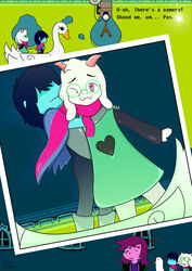  2021 absurd_res anthro blush bovid caprine clothed clothing colored deltarune digital_media_(artwork) dress erickatailsko eyewear female feral fur glasses goat group hair heart_clothing heart_dress heart_print heart_symbol hi_res hug human kris_(deltarune) male mammal photo picture_in_picture pip_focus print_clothing print_dress ralsei reptile scalie smile susie_(deltarune) swan_boat text undertale_(series) 