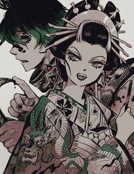  1boy absurdres blood blood_on_weapon brother_and_sister clenched_teeth daki_(kimetsu_no_yaiba) dragon dragon_print eastern_dragon egyuuu facial_mark female floral_print green_eyes green_hair gyuutarou_(kimetsu_no_yaiba) hair_ornament hair_pulled_back hair_stick hand_up hands_up highres holding holding_scythe holding_weapon japanese_clothes kanzashi kimetsu_no_yaiba kimono limited_palette long_hair long_sleeves looking_at_viewer looking_away nail_polish nihongami obi oiran open_mouth profile sash scarf scythe sharp_teeth siblings sideways_glance simple_background slit_pupils teeth updo upper_body weapon wide_sleeves 