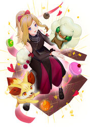  :d absurdres almn_sk blonde_hair blue_eyes cherry clothing_cutout commentary_request dress female fennekin food fruit hair_ribbon happy highres long_hair long_sleeves nail_polish official_alternate_costume open_mouth pink_nails pokemon pokemon_(creature) pokemon_masters_ex ponytail red_ribbon ribbon serena_(palentine&#039;s_2021)_(pokemon) serena_(pokemon) shoes shoulder_cutout sidelocks smile sparkle sunglasses tongue unworn_eyewear valentine whimsicott 