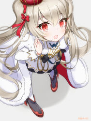  azur_lane blonde_hair blush capelet cloak commentary_request crown female foreshortening from_above gold high_heels highres leaning_forward long_hair looking_at_viewer looking_up oerba_yun_fang open_mouth pantyhose red_eyes ribbon shouting_with_hands signature simple_background skin_fang slit_pupils solo tansan_daisuki uniform valiant_(azur_lane) white_pantyhose 