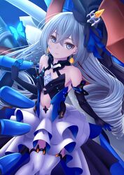  black_gloves blue_butterfly blush breasts bronya_zaychik bronya_zaychik_(herrscher_of_reason) bug butterfly center_opening crossed_bangs dress drill_hair earrings elbow_gloves female gloves grey_hair hair_ornament hand_up highres honkai_(series) honkai_impact_3rd jewelry koko_(koko3) layered_dress light_particles long_hair looking_at_viewer project_bunny quad_drills small_breasts solo thighhighs white_thighhighs 