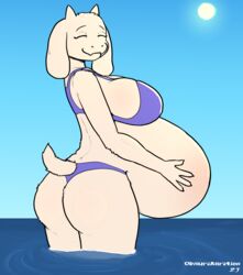  2023 4_fingers anthro ass belly big_belly big_breasts bikini boss_monster_(undertale) bovid breasts caprine closed_eyes clothed clothing digital_media_(artwork) dweevil female fingers fur hi_res horn mammal mature_anthro mature_female mayternity mayternity_2023 partially_submerged pregnant pregnant_anthro pregnant_female purple_clothing signature smile solo standing standing_in_water swimwear tail toriel undertale undertale_(series) water white_body white_fur white_tail 