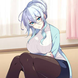  arms_under_breasts bad_id bad_twitter_id black_pantyhose blue_eyes blue_hair breasts closed_mouth commentary_request curtains female gradient_hair indoors large_breasts long_sleeves multicolored_hair original pantyhose puuzaki_puuna sidelocks sitting solo thighs yukino_(zeroshiki_kouichi) 