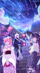  &gt;_&lt; 5girls absurdres architecture artist_name azur_lane bag bare_shoulders belfast_(azur_lane) belfast_(folded_fascination)_(azur_lane) black_coat black_gloves black_hair black_headwear black_kimono black_sash blue_eyes blue_sash breasts candy_apple cane center_frills cherry_blossoms chromatic_aberration cloud coat crescent drill_hair drill_ponytail earrings east_asian_architecture fallen-leaves feather_boa floral_print flower folded_fan folding_fan food frills from_below gloves hair_behind_ear hair_between_eyes hand_fan handbag hat hat_flower highres hime_cut holding holding_bag holding_cane holding_fan holding_food japanese_clothes jewelry kimono kimono_dress lantern large_breasts long_hair looking_at_viewer looking_to_the_side multiple_girls night night_sky off_shoulder official_alternate_costume open_mouth orange_hair paper_lantern petals peter_strasser_(azur_lane) peter_strasser_(chronos&#039;s_kalendae)_(azur_lane) purple_eyes red_eyes red_kimono red_sash richelieu_(azur_lane) richelieu_(evergreen_prophecy)_(azur_lane) sash shark_print shooting_star short_hair side_drill single_drill sky stairs star_(sky) tilted_headwear tirpitz_(azur_lane) tirpitz_(seasonal_pine_and_the_frost_flower)_(azur_lane) u-110_(azur_lane) u-110_(new_year_small_shark)_(azur_lane) very_long_hair white_gloves white_hair white_kimono wide_sleeves yellow_sash 