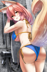  animal_ear_fluff animal_ears ass back bare_shoulders bikini blue_bikini blush breasts fate/grand_order fate_(series) female fox_ears fox_girl fox_tail highres large_breasts long_hair looking_at_viewer looking_back open_mouth pink_hair sidelocks smile solo swimsuit tail tamamo_(fate) tamamo_no_mae_(swimsuit_lancer)_(fate) thighs totororo yellow_eyes 