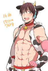  1boy abs animal_print bell clenched_hand collar commentary_request cow_horns cow_print genderswap_(ftm) gloves headset hood hood_down hoodie horns idol idolmaster idolmaster_cinderella_girls james_(jms-pnt) looking_at_viewer male_focus neck_bell oikawa_shizuku open_clothes open_hoodie open_mouth pectorals rule_63 simple_background sleeveless sleeveless_hoodie solo topless_male white_background 