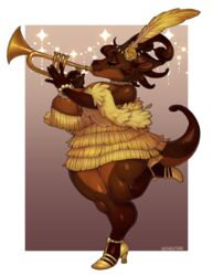  2021 absurd_res ankle_strap_heels anthro big_breasts brass_instrument breasts cleavage clothed clothing cutout_heels female footwear hi_res high_heels huge_breasts kobold miistniight musical_instrument non-mammal_breasts playing_music pumps solo thick_thighs trumpet wind_instrument 