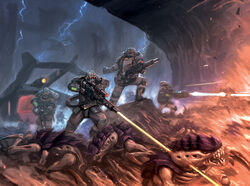  6+boys armor astra_militarum battle breastplate commentary english_commentary firing gun helmet holding holding_gun holding_weapon imperium_of_man lasgun lightning monster multiple_boys official_art okita outdoors photoshop_(medium) pillar rain rock running soldier standing stormtrooper_(warhammer_40k) tyranid warhammer_40k water weapon 