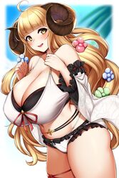  absurdres ahoge anila_(granblue_fantasy) anila_(summer)_(granblue_fantasy) bikini blonde_hair blunt_bangs breasts cleavage commentary_request detached_sleeves draph female granblue_fantasy highres horns huge_breasts kusahagane long_hair looking_at_viewer official_alternate_costume sheep_horns solo swimsuit thick_eyebrows thighs white_bikini wide_sleeves yellow_eyes 