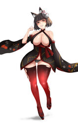  absurdres animal_ear_fluff animal_ears azur_lane bare_shoulders black_dress black_hair black_panties breasts cat_ears cat_mask center_opening cleavage detached_sleeves dress evil_grin evil_smile female floral_print full_body gradient_legwear grin highres huge_breasts looking_at_viewer mask mask_on_head mature_female ojisan_f panties platform_footwear red_thighhighs shiny_skin short_dress short_hair simple_background smile solo thighhighs torn_clothes torn_thighhighs underwear very_long_sleeves white_background yamashiro_(azur_lane) yamashiro_(meta)_(azur_lane) 