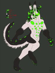  anthro bakari canid canine dragon fangs fur hi_res horn hybrid male mammal model_sheet mythological_creature mythological_scalie mythology nude scalie solo spots teeth 